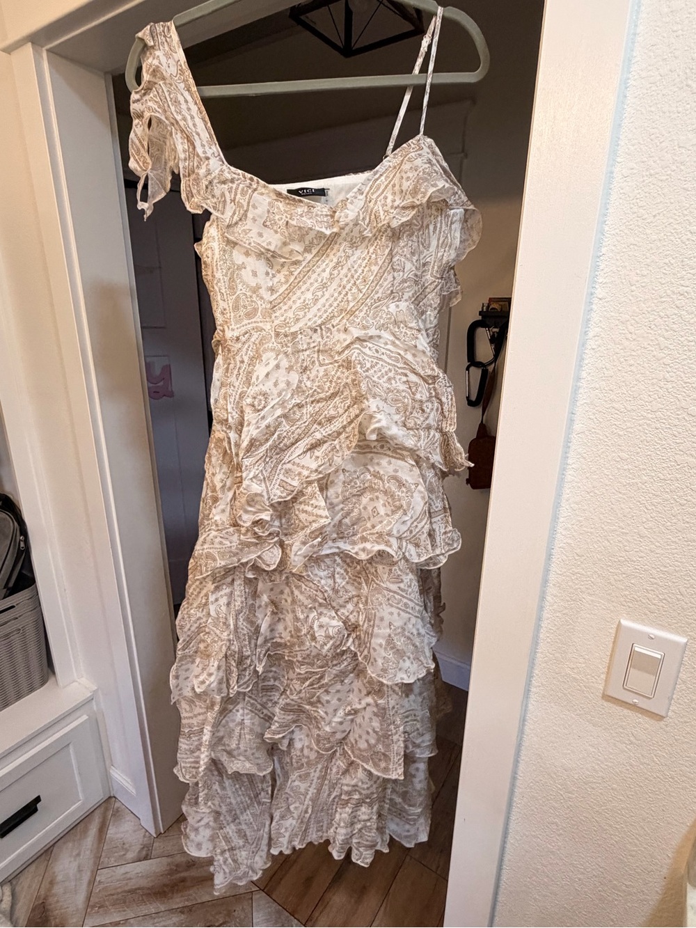 Vici Ivory Beige Paisley Bandana Print Ruffled Tiered Maxi Dress